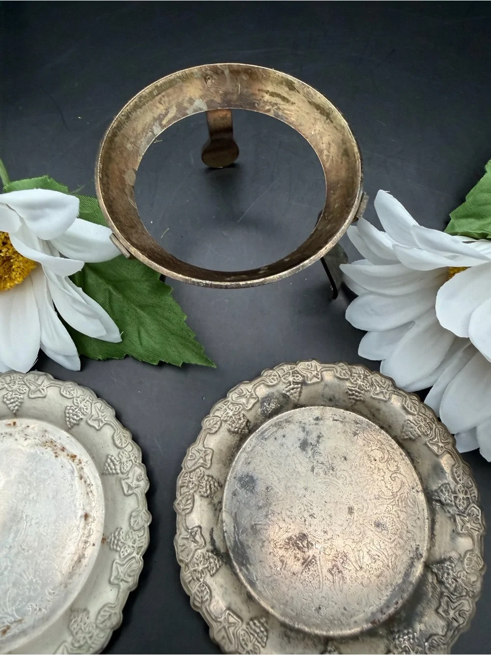 Vintage Ornate Silver Plated Decorative Wine Coasters with Stand- Set of 2
